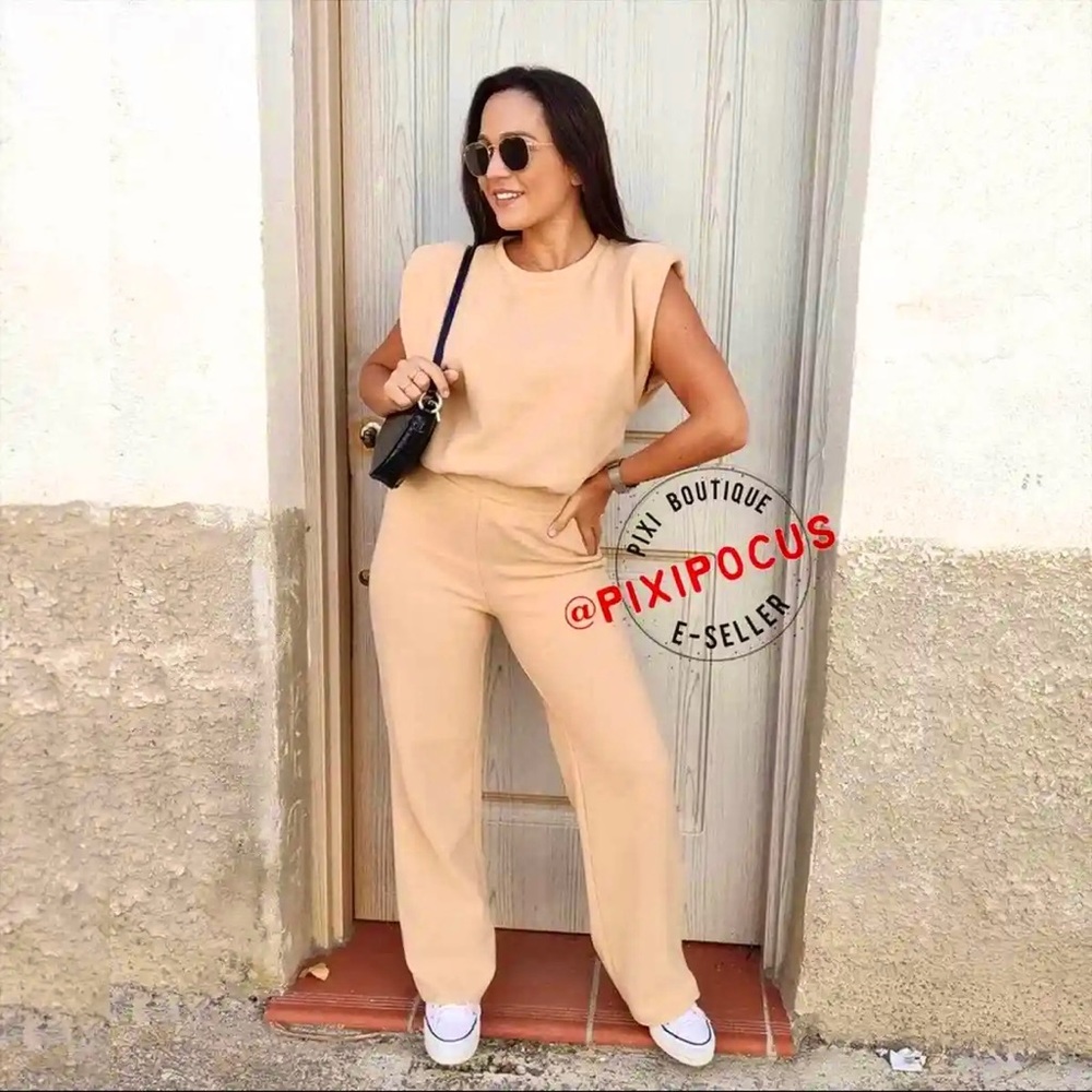 Zara 2 piece set - knit shoulder pad tee & matching pants tan lounge set - Picture 12 of 12